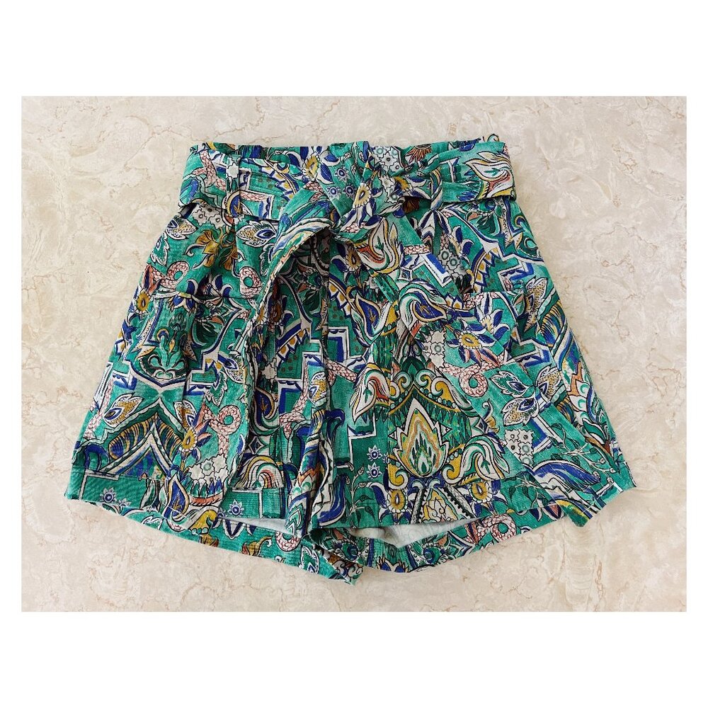 Chufy Sz XS Memories of Ancient Burma Print High Waisted Belted Shorts